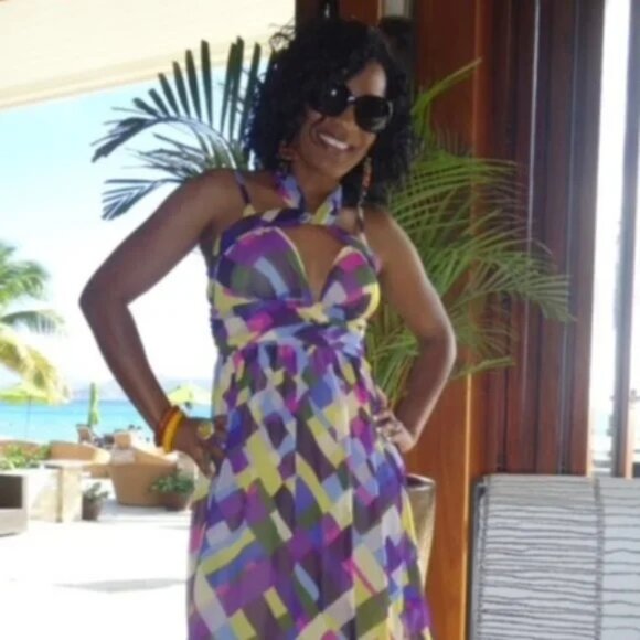 Moda International Women's Multi Color Halter Deep V-Neck Maxi Dress SZ S/P - Picture 5 of 9